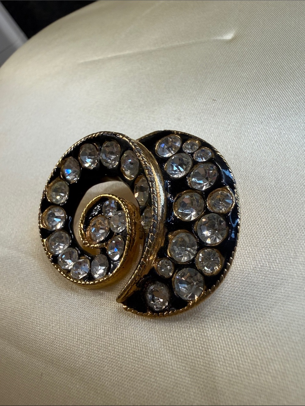 Vintage Gold and Black Spiral Brooch with Clear Crystals - Women Jewelry